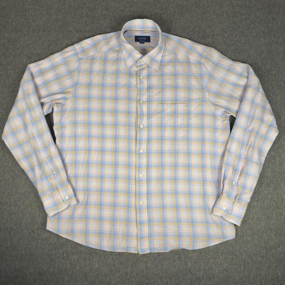 Eton Shirt Mens XL Pastel Plaid Twill Long Sleeve Button Up Cotton Easter